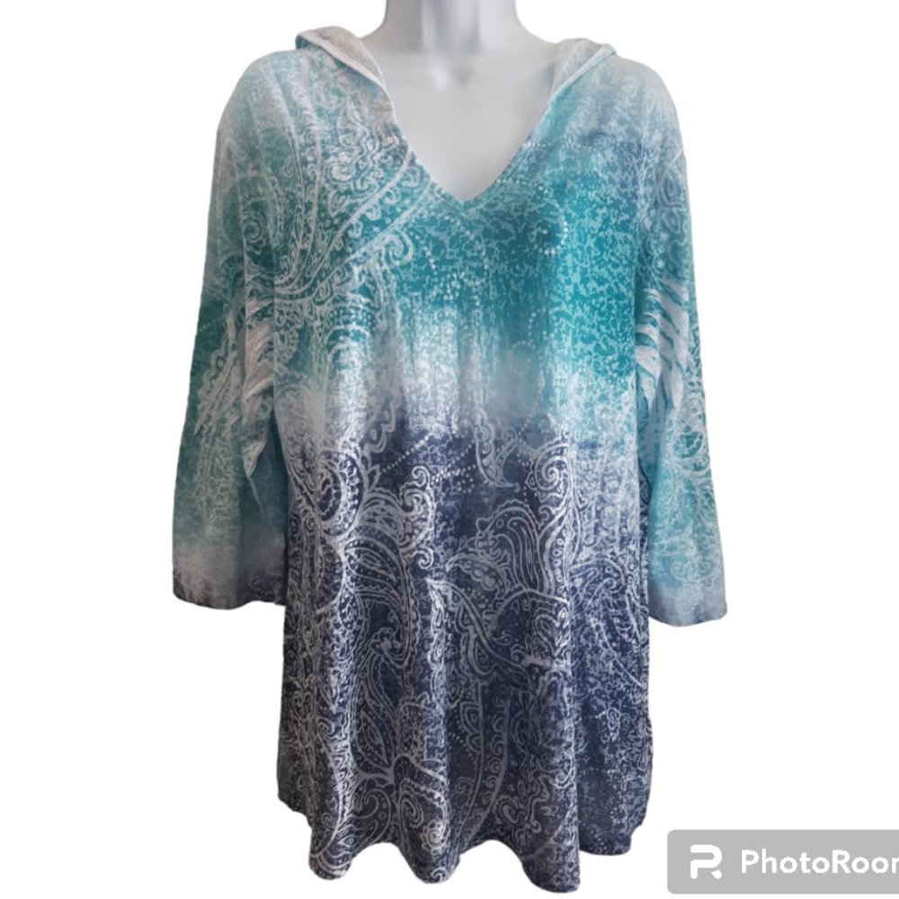 Women's Style and Co Sport Hoodie Shirt, XL, Multicolor Blues and white